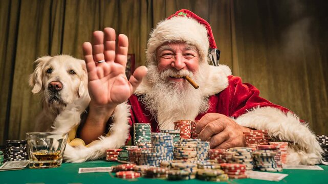 Jolly Santa waves from a poker table stacked with colorful chips as a loyal dog peeks in, smoky backroom glow adding playful casino charm; engaging leisure footage for party promos