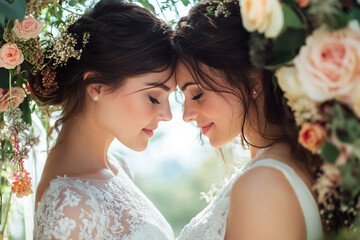 Generative AI image of lesbian wedding showing same sex love between two brides under floral arch outdoors
