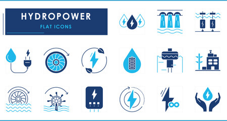 A set of flat icons related to Hydropower. Hydro, energy, water, dynamo, generator, green energy, dam, and so on.