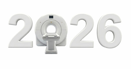 The New Year number ‘2026’ integrated with a modern medical CT scan machine, representing healthcare capability and technology promotion for hospitals and clinics.