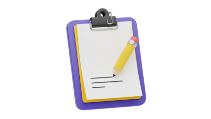 Clipboard with yellow pencil writing on white paper on transparent background