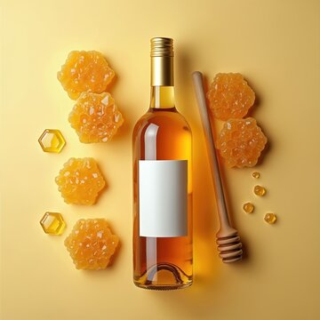 Glass bottle with golden mead drink and chunks of honeycomb. Wooden dipper rests beside the bottle. Light yellow background, simple layout, clean aesthetic.