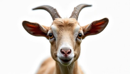 Close up photo of a young goat face with big eyes and horns. Domestic animal looks directly at camera with curious expression. Furry mammal poses against white background isolated.