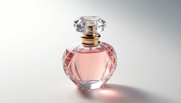 Elegant glass perfume bottle with faceted cap and rose liquid. Luxury fragrance product isolated on white background, minimal studio shot, premium cosmetic.