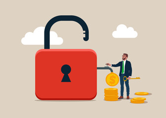 Unblocking a cash account. Business, Company, Funds, gold. Flat vector illustration.