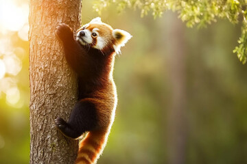 Generative AI image of a red panda climbing a tree in the summer forest with soft green bokeh background and bright sunlight
