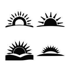 Collection of sun rising and setting minimalist black silhouette icons and symbols
