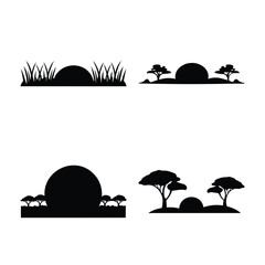 Collection of savanna and grassland sunset silhouettes with trees and hills