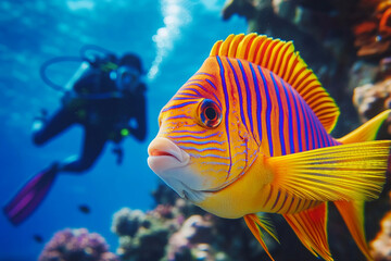 Man woman person scuba diving underwater surrounded by colorful tropical fish in sunlight rays marine exploration generative ai