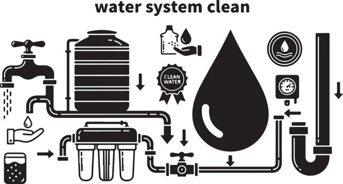 Water purification system diagram illustrating filtration process for clean drinking water