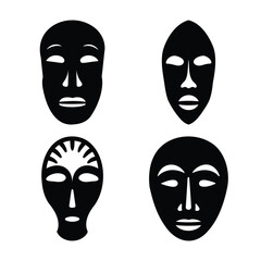Collection of traditional african tribal masks in simple black and white silhouette design