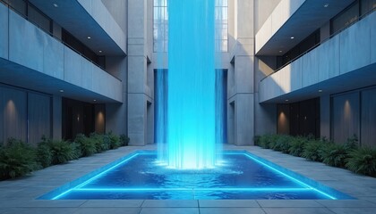 Futuristic water column cascades into pool with neon blue light. Modern architecture and rich plants surround serene illuminated water feature. Clean design elements define minimalist urban space.