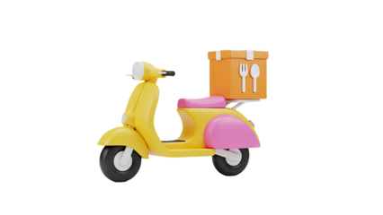 Cute cartoon food delivery scooter with orange box on transparent background