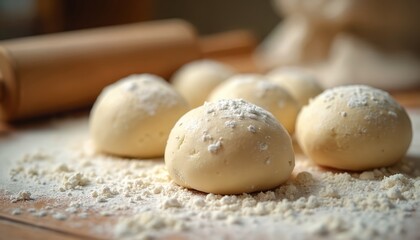 Several balls of fresh dough dusted with flour rest on a wooden board. A rolling pin lies nearby, suggesting homemade baking preparation in a cozy kitchen setting.