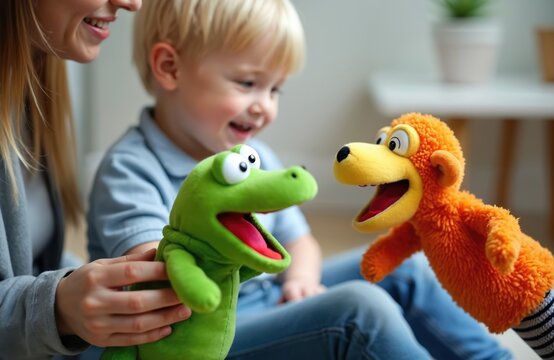 Young boy happily interacts with speech therapist using puppet toys. They are engaged in playful learning session to improve his communication skills. Therapist guides child through fun exercises.