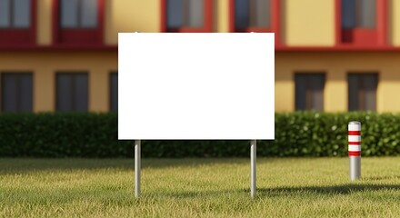 Blank white sign board on a green lawn with a blurred building and hedge, offering space for custom messages