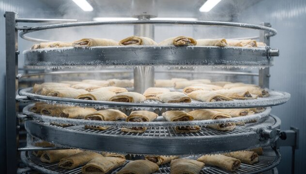 Close medium angle capturing strudels gliding on the spiral conveyor emphasizing consistent cooling and preservation in a highcapacity industrial freezer system.