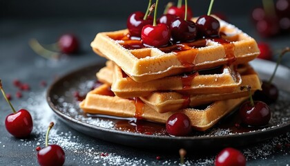 Stack of golden waffles with fresh cherries and syrup on dark plate. Sweet baked breakfast treat dusted with powdered sugar, perfect for cafes and blogs. Juicy fruit.