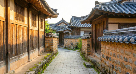 Naklejka premium Traditional Korean Hanok Village Alleyway with Stone Walls and Tiled Roofs in Warm Sunlight
