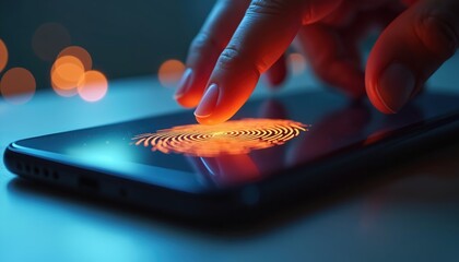 Person uses finger for smartphone fingerprint scan for secure access. Close-up macro view of hand and glowing orange digital identity on dark blue screen. Tech and privacy concept.