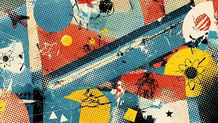 Abstract Retro Collage with Geometric Shapes and Halftone Textures