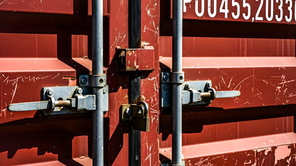 Red Shipping Container with Visible Locking Mechanisms and Identification Number