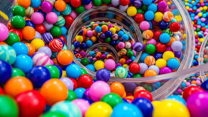 Vibrant gumballs spilling from a clear container onto a colorful pile of sweets