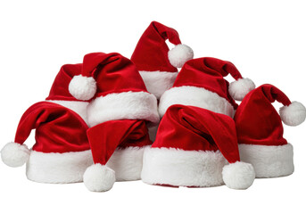 a cluster of luxury crimson plush velvet santa hats detailed with bright white faux fur and pom-poms, isolated in a high-key studio shot, concept for holiday product advertising