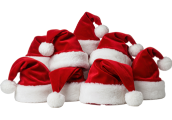 a cluster of luxury crimson plush velvet santa hats detailed with bright white faux fur and pom-poms, isolated in a high-key studio shot, concept for holiday product advertising