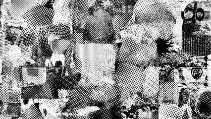 Grungy Black and White Halftone Collage with Gas Mask