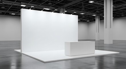 Modern white modular exhibition stand with a large back wall and simple counter in a vast, empty convention center hall