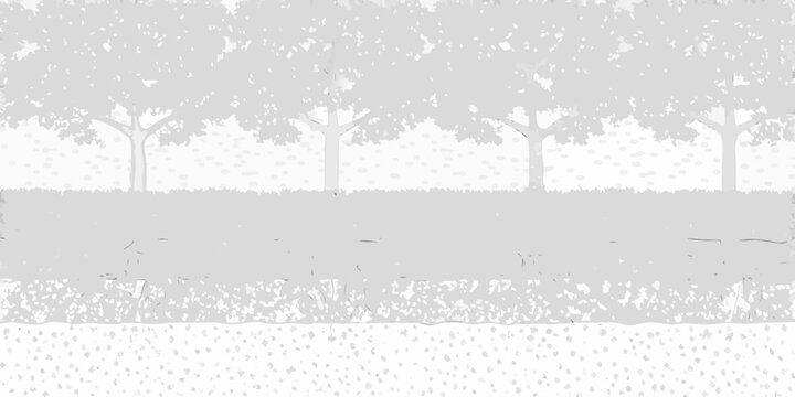 A grayscale landscape featuring trees bushes and a textured ground
