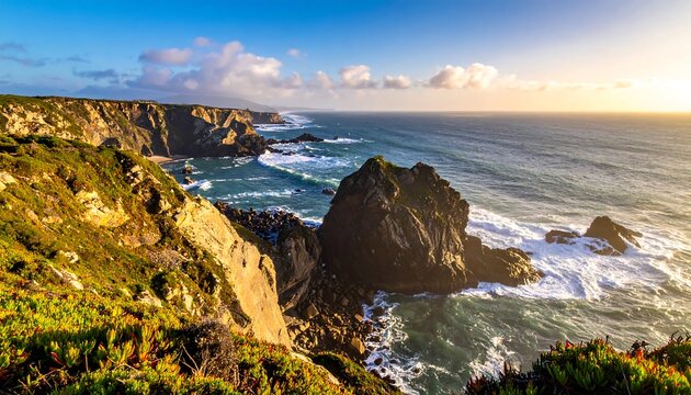 A coastal scene at sunset with cliffs, ocean, rocks, and sunlight. Waves crash against the shore. The golden hour casts a warm glow - Powered by Adobe
