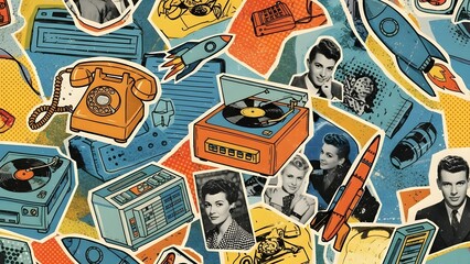 Obraz premium Vintage Retro Collage of Rockets and People 1950s 1960s