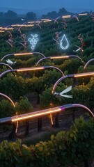 Futuristic Vineyard Landscape at Twilight: Ancient Vines on Glowing Bronze Trellises with Robotic Tenders and Holographic Grape Icons in Misty Hills