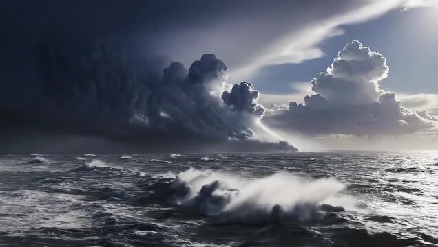 Dramatic Ocean Waves Amidst Dark Storm Clouds at Dusk