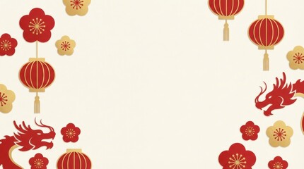 Celebrating lunar new year festivities with dragon and lantern decorations cultural event red and gold theme festive atmosphere artistic design symbolism of prosperity
