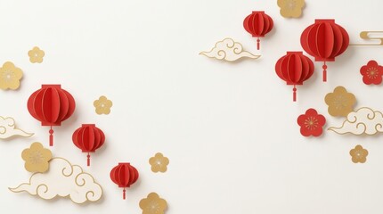 Celebration of lunar new year festivities with traditional red lanterns and decorative elements indoor setting festive atmosphere artistic perspective cultural significance