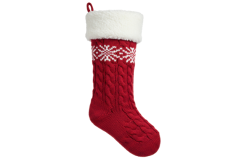 Meticulously detailed cranberry and ivory wool cable knit christmas stocking featuring a geometric snowflake pattern and plush white faux-fur cuff, transparent studio background, Concept of classic
