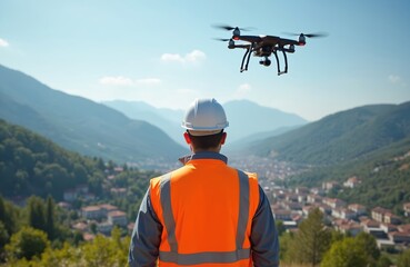 Engineer in hard hat and vest operates drone above landscape with distant village. He watches aerial survey camera fly over valley terrain. Technology aids construction planning and site inspection.