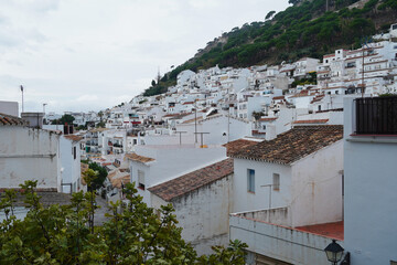 View of the white-washed houses in Mijas Pueblo, Spain. The Mediterranean architecture is nestled on a steep hillside with pine forests, showcasing traditional red tile roofs