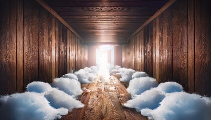 surreal and mysterious hallway with a wooden floor covered in soft white fluff