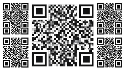 A collection of QR codes in black and white arranged in a visually interesting composition, with a large, central code and smaller ones