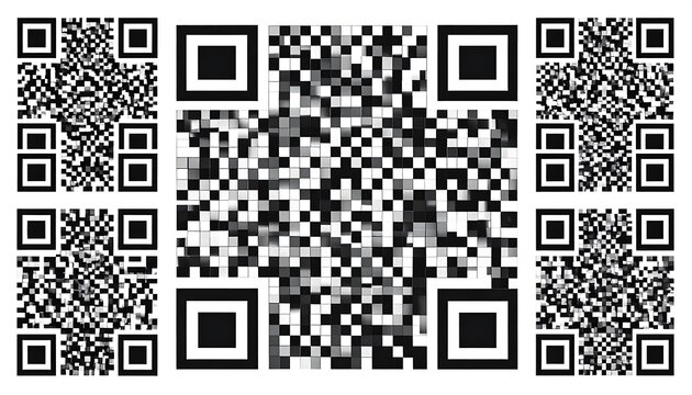 A collection of QR codes in black and white arranged in a visually interesting composition, with a large, central code and smaller ones - Powered by Adobe