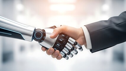 A symbolic gesture of partnership between a humanoid robot and a human professional in a blurred corporate environment.