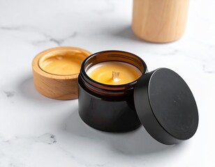 Scented candle in amber jar w/ wood lid on marble surface