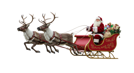 Hyper-detailed santa claus in deep crimson velvet and four majestic reindeer pulling a candy-apple red sleigh overflowing with gifts, suspended on a transparent background, concept for luxury holiday