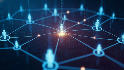 The human digital connection is represented by luminous lines linking abstract silhouettes, evoking a sense of network, technology, and empathy.