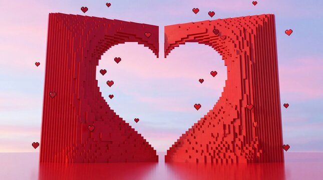 Massive 3D Red Voxel Heart Archway with Floating Pixel Hearts against a Soft Pastel Sunset Sky - Valentine's Day and Digital Gaming Concept