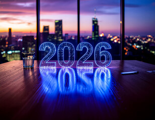 Conceptual image of 2026 global economy with glowing digital data, holographic world map, and financial charts on a professional office desk.